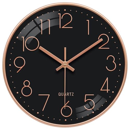 Image of VIKMARI Silent Wall Clock 10 Inch Battery Operated Non-Ticking 3D Gold Number Quartz Sweep Analog Clock Decorative for Bedroom Office Bathroom(Rose Gold Black)