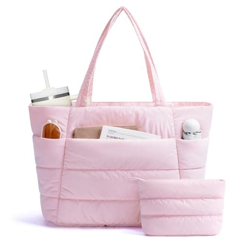 Image of Narwey Tote Bags for Women, Work Laptop Bags with Zip for Women, Ladies Handbags & Shoulder Bags with Makeup Pouch, Puffer Teacher School Hand Bag for College Shopping Travel Gym Beach (Pink)