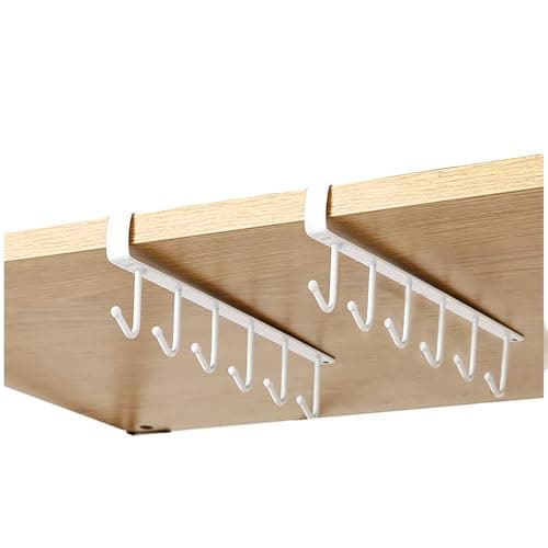 Image of Gouccpu 2 Pack Hanging Hooks Rack Cup Holder Under Cupboard Cabinet Coffee Mug Holder 6 Hooks Drilling Free Coffee Cups Holder Kitchen Utensil Storage Organizer Hook Rack (White)