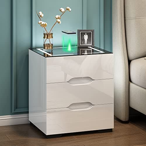 Image of Jehiatek Bedside Table with Wireless Charging, Bedside Cabinet with 2 USB Ports and Led Light (Touch-Control), Nightstand with 3 Drawers for Bedroom, 41 x 48.5 x 55CM, White