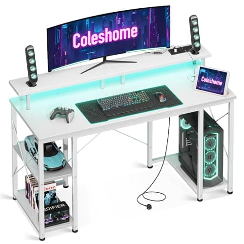 Image of Coleshome Gaming Desk with LED Lights, 120x50 cm Computer desk with Power Outlets, Gaming PC Table with Monitor Stand, Storage Shelves, CPU Stand, White
