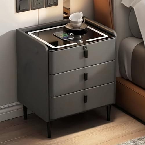 Image of Kanbihao Smart Nightstand with Wireless & USB Charging, LED 3-Colour Light, Bluetooth Speaker, Fingerprint Lock, 3 Drawers, Modern Bedside Table for Bedroom Adults 50x40x59cm Dark Grey