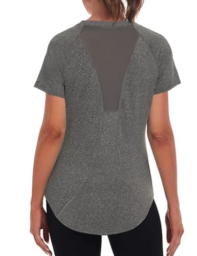 Image of Wayleb Sports Tops for Women Crew Neck Yoga Tops Ladies Workout Running Activewear Short Sleeve Tee Shirts for Womens Dark Grey