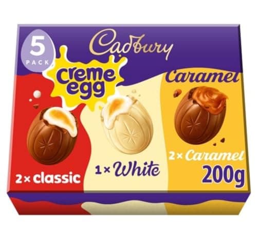 Image of Cadburys Creme Egg Selection Gift Pack 5x40g, 1 White Chocolate, 2 Caramel & 2 Classic, Easter Egg Hunt