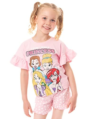 Image of Disney Princesses Pyjamas For Girls | Pink Cotton T-Shirt & Short Pyjama Set | Beauty & The Beast, Cinderella, Ariel, Rapunzel Characters 7-8 Years