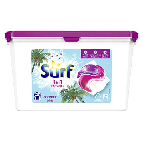 Image of Surf 3-in-1 Coconut Bliss with Long-Lasting Fragrance Washing Capsules for Brilliantly Clean Laundry 18 Washes (Pack of 3)