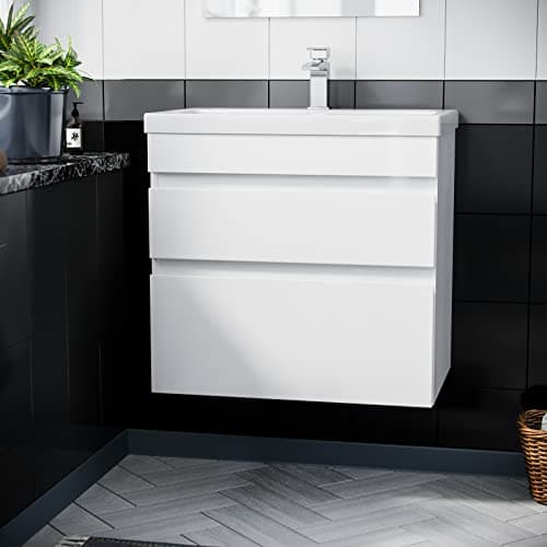 Image of Nes Home 500/600/800 mm 2 Drawer White or Light Grey Wall Hung Vanity Cabinet and Basin Sink Unit (White, 600 mm)