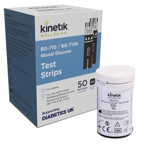 Image of Kinetik Wellbeing Blood Glucose Test Strips, Pack of 50 - Compatible with Kinetik Monitor BG-710 - Home Diabetic Glucose Strips Used by The NHS - for Blood Sugar Level Monitors & Diabetes Management