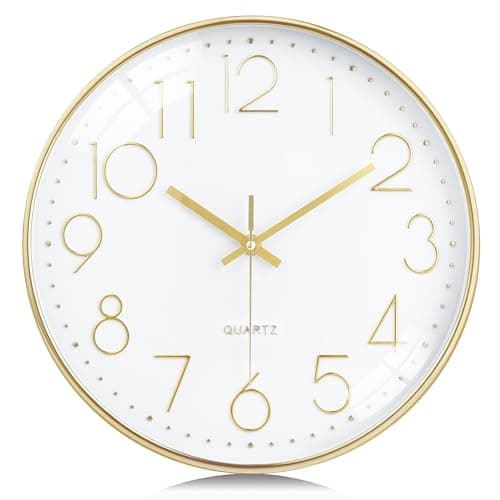 Image of Lafocuse 12 Inch Gold Wall Clock Silent Non Ticking with 3D Numerals, Modern Decorative Clocks for Living Room Kitchen Bedrooms Office Home