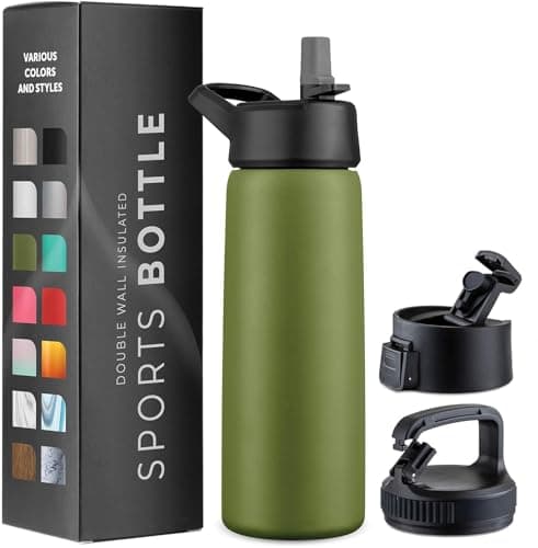 Image of GARUET 750ml Triple Walled, Insulated Water Bottles with Straw - Stainless Steel Metal Bottle W/ 3 Leak Proof Lids - For Travel, School, Sports, Gym/Men, Women (Army Green)