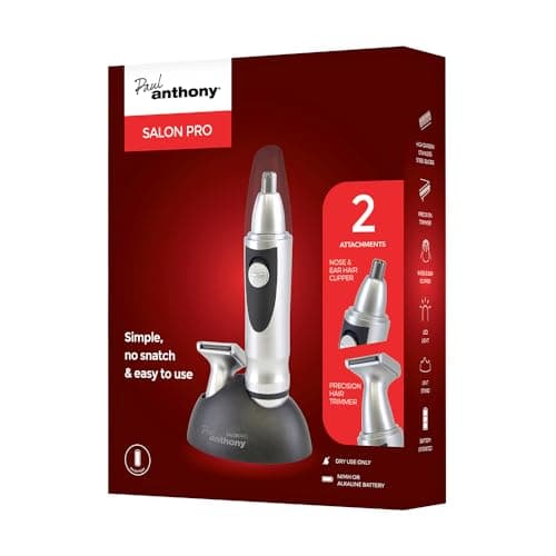 Image of Paul Anthony Salon Pro Nose & Beard Trimmer - High Carbon Steel Blades - Nasal Clipper & Trimmer Heads - LED Light Illumination - Battery Operated - Includes Stand - Silver - H5130BK