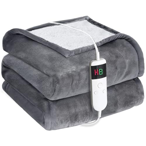 Image of Cushious Electric Heated Blanket Throw 180×200cm, 10 Heat Settings & 8 Hours Auto-Off Timer, Overheat Protection & Machine Washable, Flannel & Sherpa Heating Blanket for Sofa Bed Office
