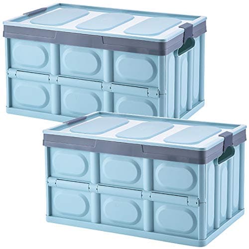 Image of Tuevob Collapsible Storage Boxes 2 Pack 30L Lidded Plastic Tote Storage Box Container Stackable Folding Utility Crate for Clothes, Toys, Books, Snacks, Shoes, Grocery Storage Bin - Blue
