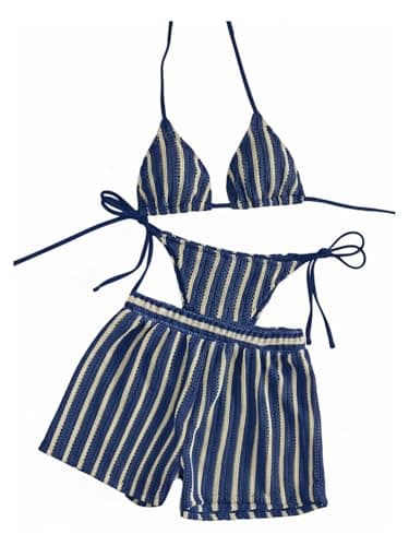 Image of GORGLITTER Women's 3 Piece Crochet Bikini Sets Halter Triangle Swimwear String Thong with Coverup Shorts Royal Blue M