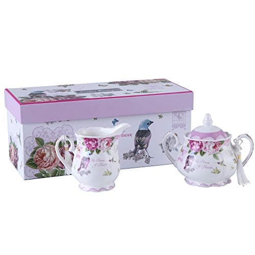 Image of London Boutique Porcelain Teapot Sets Teapot Sugar Bowl and Cream Milk Jug Shabby Chic Vintage Floral in Gift box (Cream & Sugar Set Bird Rose Butterfly)