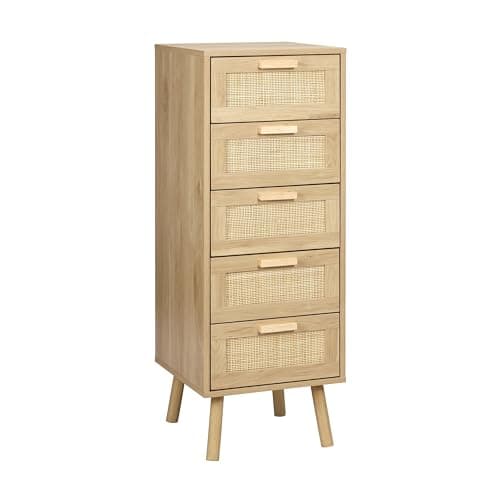 Image of Finnhomy Rattan Chest of Drawers Bedroom, Tall Chester Drawers with 5 Hand Made Rattan Decorated Drawers for Bedroom, Small Bedside Cabinet with Wood Legs, Natural