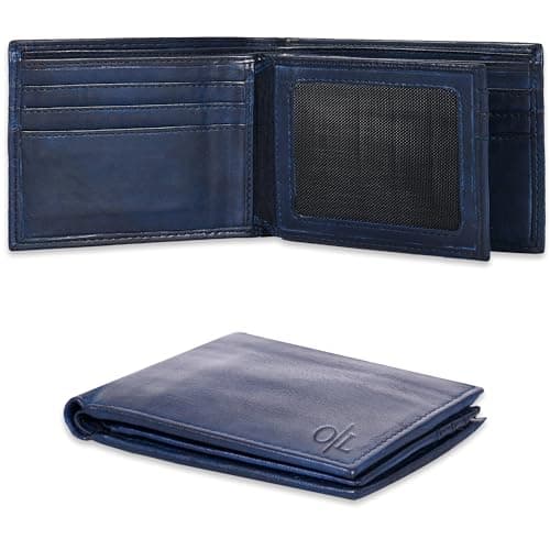 Image of Real Leather Bifold Wallet for Men - Wallets with 9 Credit Cards 1 ID Window Slim Minimalist Front Pocket Billfold (Vintage Blue)