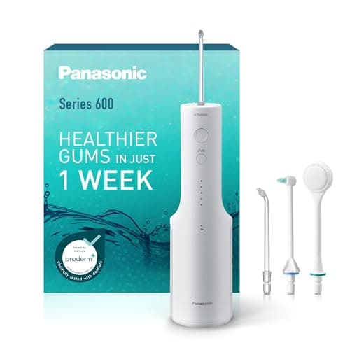 Image of Panasonic Series 600 Water Flosser for Teeth, Cordless EW-DJ67-W311, 99.9% Plaque Remover, IPX7, 2 Ultrasonic Nozzles, 1 Orthodontic & 1 Tongue Care Nozzle, 5 Pressure Settings, Oral Irrigator, White