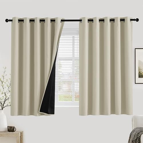 Image of PONY DANCE 100% Blackout Curtains for Bedroom - Thermal Full Blackout Eyelet Curtains & Drapes Heat and Light Blocking Panels for Living Room with Black Liner 2 Pcs, 66 x 54 Inch, Light Beige