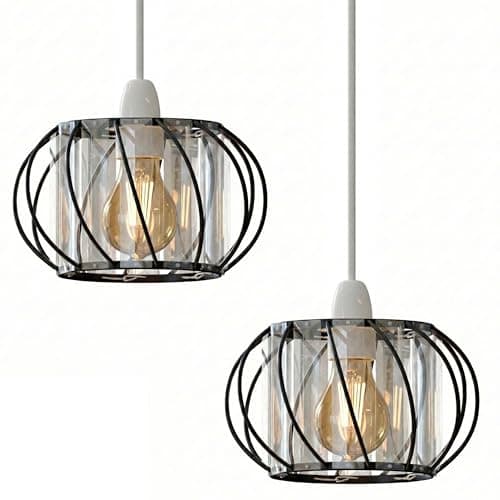 Image of LEDSone 2Pcs Modern Crystal Glass Light Shade Height 10 cm, Width 16cm,with Bulb Easy Fit Metal Hanging Ceiling Pendant Light Fixtures Chandelier Light Fitting Lamp Cage for Hallway Dining (Black)