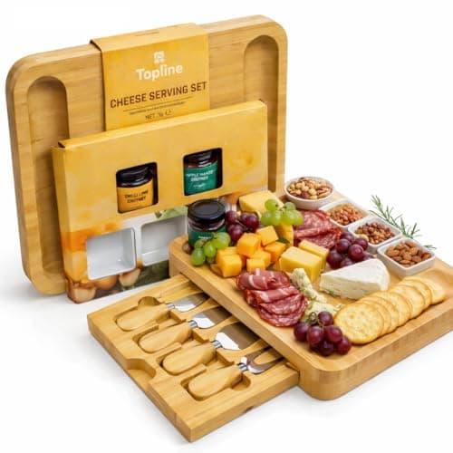 Image of Cheese Board Gift Set with Knives & Dipping Bowls – Large Charcuterie Platter with Flavoured Chutneys – Dad Birthday, Housewarming & Easter Gifts
