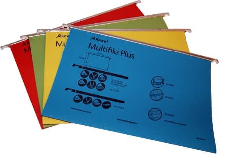 Image of Rexel Foolscap Suspension Files with Tabs and Inserts for Filing Cabinets, 15 mm V-base, 100 Percent Recycled Manilla, Assorted Colours, Multifile Plus, Pack of 20, 2101978