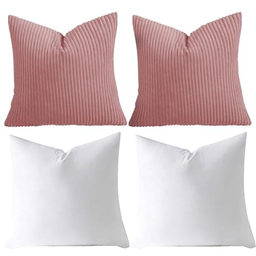 Image of AMEHA Stripe Blush Pink Velvet Cushions with covers included Pack of 2 (2 Covers 45 x 45 cm, 2 Inserts) Square throw Pillowcases with Invisible Zipper for Sofa Bed Livingroom 18”x18” inches