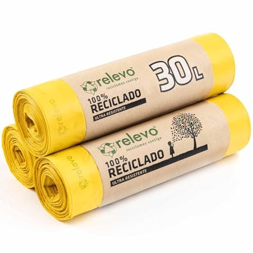Image of Relevo 30 Litre Bin Bags – Made from 100% Recycled Material. Yellow Bin Bags 30L – 55 cm x 60 cm. Includes 45 units of Pedal Bin Liners with Drawstrings