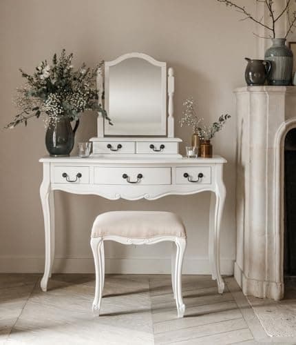 Image of Juliette Dressing Table Set | Dressing Table, Trinket Mirror and Upholstered Stool | Quality Bedroom Furniture (WHITE with Metal Swan Handles)