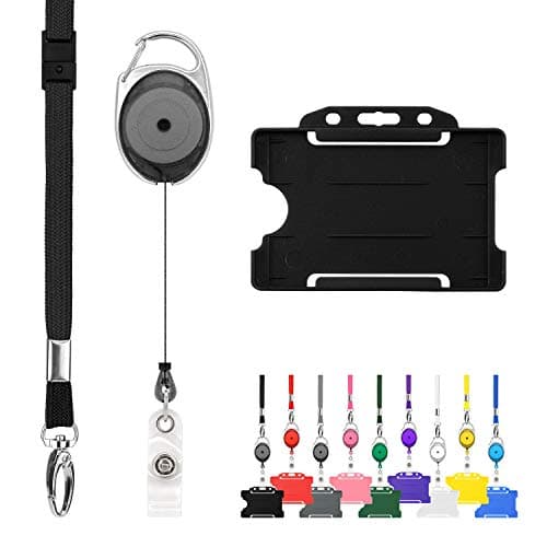 Image of Retractable Lanyard and Badge Holder Trio Triple Pack by LanyardsTomorrow - Set Includes A Single Plain Lanyard, Extendable Carabiner Yoyo Reel Clip and Rigid ID Card Holder (Black)