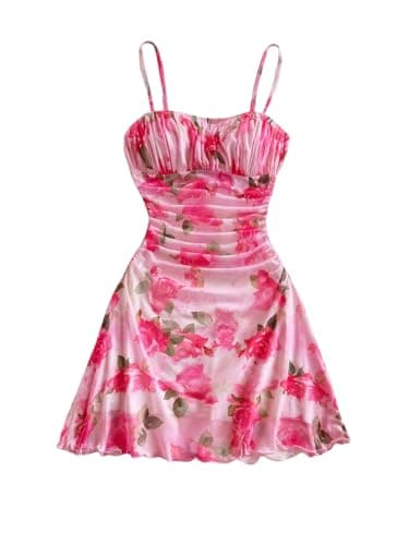 Image of GORGLITTER Women's Floral A Line Flared Mesh Cami Mini Dress Ruched Beach Vacation Dresses Pink Medium