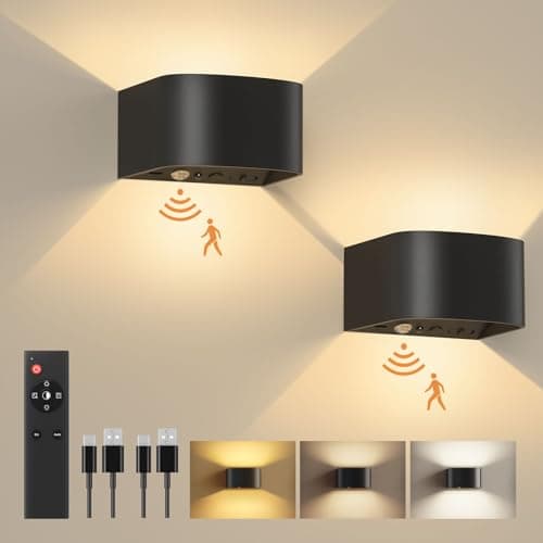 Image of FULEN Wall Lights with Motion Sensor, Remote Control, 3 Colors, Up and Down Indoor LED Wall Sconces, On and Auto Modes, 5000mAh Rechargeable Battery Operated Wall Lamps, Brightness Adjustable