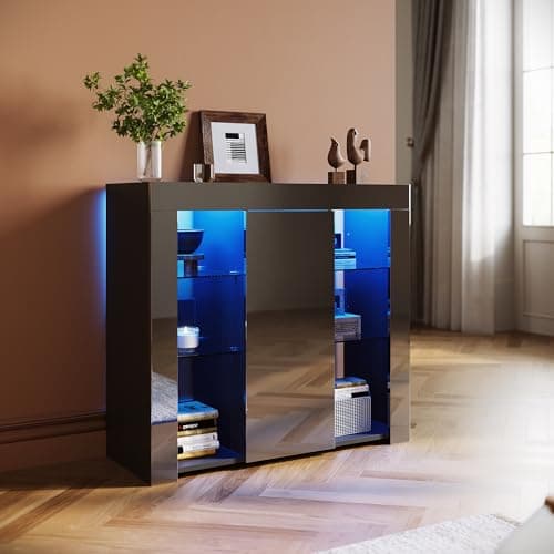 Image of ELEGANT 1 Door Sideboard with LED Lights, High Gloss Display Cabinet Storage Unit with Open Shelves for Living Room Bedroom, W900 x D350 x H830mm