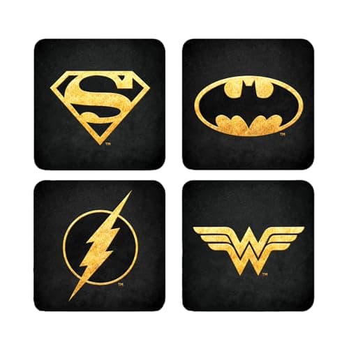 Image of Elbenwald Coaster Set of 4 with DC Comics Logo Design - Gift Idea - Square Coasters - for All Types of Mugs - Multicolor - Cork, Plastic