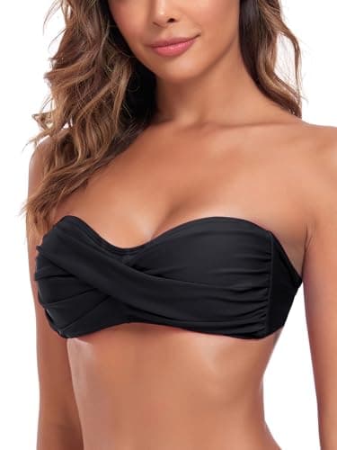 Image of Ocean Blues Women's Black Strapless Swimsuits for Women Bandeau Bikini Top Tie Back Halter Bathing Suit Top Suit Top Size Large