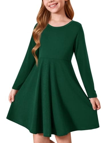 Image of Haloumoning Girls' Dress Round Neck Long Sleeve Children's Dress Plain A-line Casual Dress Autumn Winter Basic Midi Dress 5-14 Years, dark green, 11-12 Years