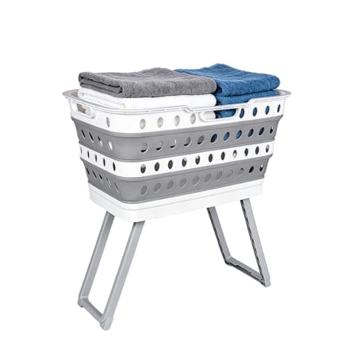 Image of 43L Collapsible Laundry Basket with Legs | Washing Basket with Foldable Stand, Integrated Carry Handles, Plastic Laundry Hamper, Back-Saving Space Saving Foldable Wash Basket for Bathroom, Grey