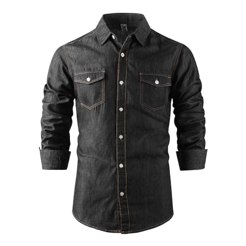 Image of Tianerhay Men's Denim Shirt Cotton Blend Lightweight Western Cowboy Shirt Long Sleeve Casual Work Shirts 1 Black L