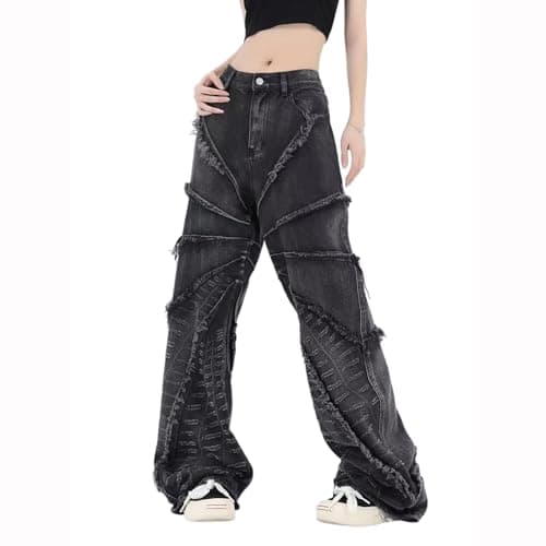 Image of FEUSEUZ Gothic Jeans, Women's Street Hip-hop Patchwork with raw Edges, Black Jeans, Y2K Men's Distressed Straight Leg Pants, Black, XXXL