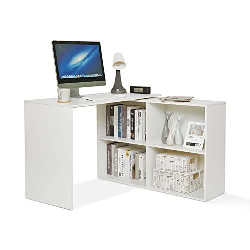 Image of Mondeer L Shaped Desk, 360° Rotating Direction 106 x 106 x 75 cm Corner Desk, White Computer Workstation for Gaming Study Home Office Living Room