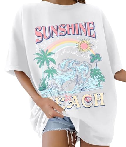 Image of Lonya Women's T-Shirts Oversized Tops for Women Y2k Sunshine Beach Letter Printed Round Neck Rainbow Graphic Tee Ladies Short Sleeve Summer Tops Casual Baggy Plus Size Cotton T Shirts, A-White, L