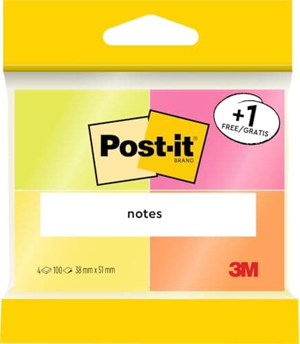 Image of Post-it Notes, Assorted Neon Colours, Promo Pack 3 + 1 Free Pads, 38 mm x 51 mm, 100 Sheets per Pad - Extra Sticky Notes for Walls, Monitors and Fridge