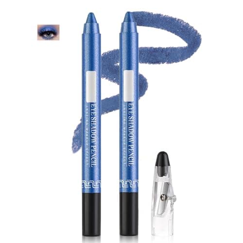 Image of 2PCS Waterproof Cream Eyeshadow & Eyeliner Pencils in Royal Blue Shimmer-Long-Wear Smudge-Proof Pearlescent Shadow Crayon Duo with Built-In Sharpener for Mature Eyes and All-Day Makeup