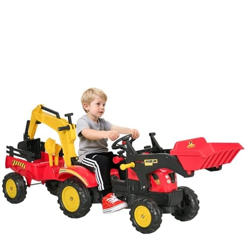 Image of HOMCOM Ride On Tractor for Kids, 3 in 1 Ride On Excavator Toy Car with Adjustable Bucket, Digger and Removable Trailer, Pretend Play Construction Truck for 3-6 Years