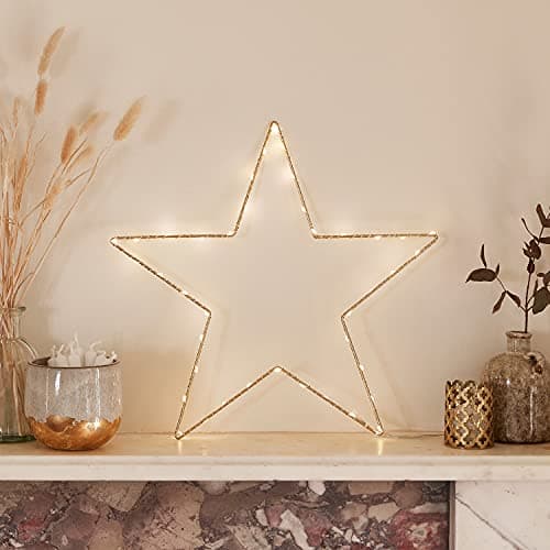 Image of Lights4fun Christmas Indoor Gold Light Up Star Window Decoration with 40 Warm White LEDs Battery Operated Timer 35cm