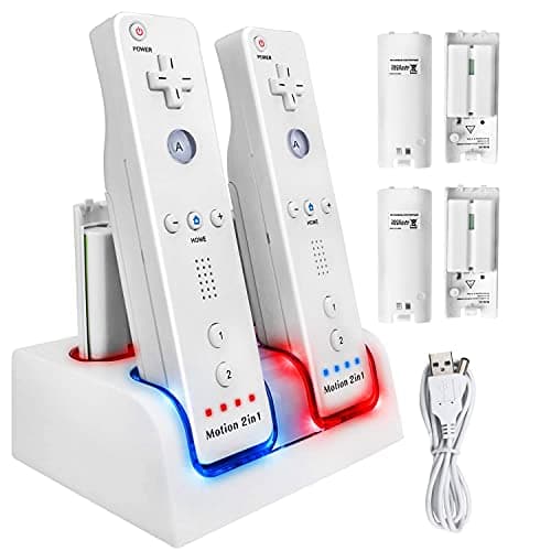 Image of TechKen Charging Docking Station for Wii Controller, Remote Charger Dock Stand Cable Adapter with 4 Rechargeable Batteries (White)