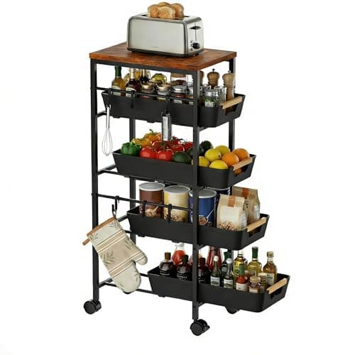 Image of Uwoodia 5-Tier Slim Storage Trolley on Wheels, Metal Kitchen Rolling Cart with Pull-Out Baskets, Wooden Top Narrow Space Utility Cart Slide Out Organizer for Kitchen, Bathroom, Laundry Room, Black