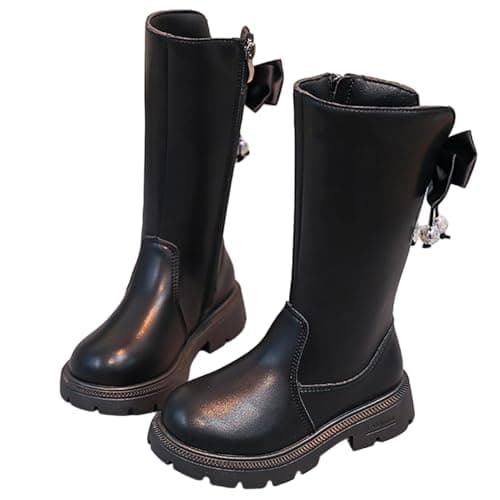 Image of AMhomely Girls Knee High Boots Kids-Kids Waterproof Walking Boots-Faux Leather Riding Shoes,PU Leather,Side Zipper,Bowknot,Chelsea Princess Shoes for 3-11 Years A Black 11.5