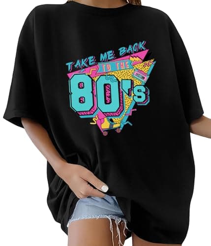 Image of Lonya Women's T-Shirts Oversized Tops for Women 80s Letter Printed Round Neck Y2k Vintage Ladies Short Sleeve Retro Summer Casual Baggy Cotton Tee Tops, F-Black, S