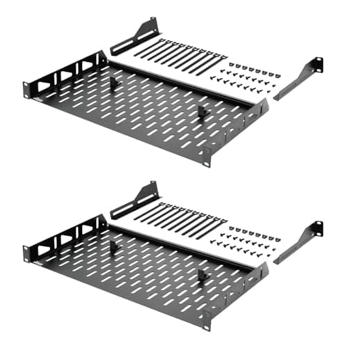 Image of Tecmojo 1U 2 Pack Cantilever Rack Mount Shelf, Vented 19'' Front Mounting Server and Network Rack Shelf 254mm Depth with Rear Supporting Ears and Anti-Slip Stops, 110lbs(50kg) Capacity